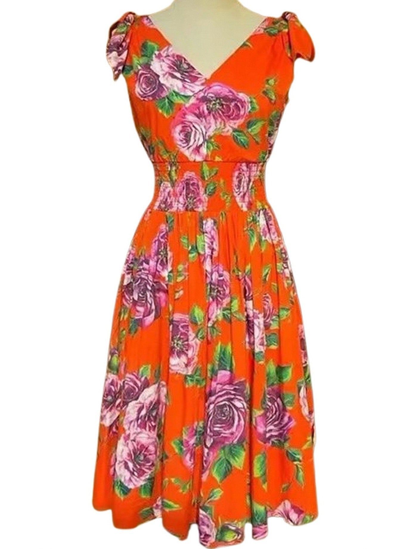 Rose Print V-Neck Smocked-Waist Dress - Dresses