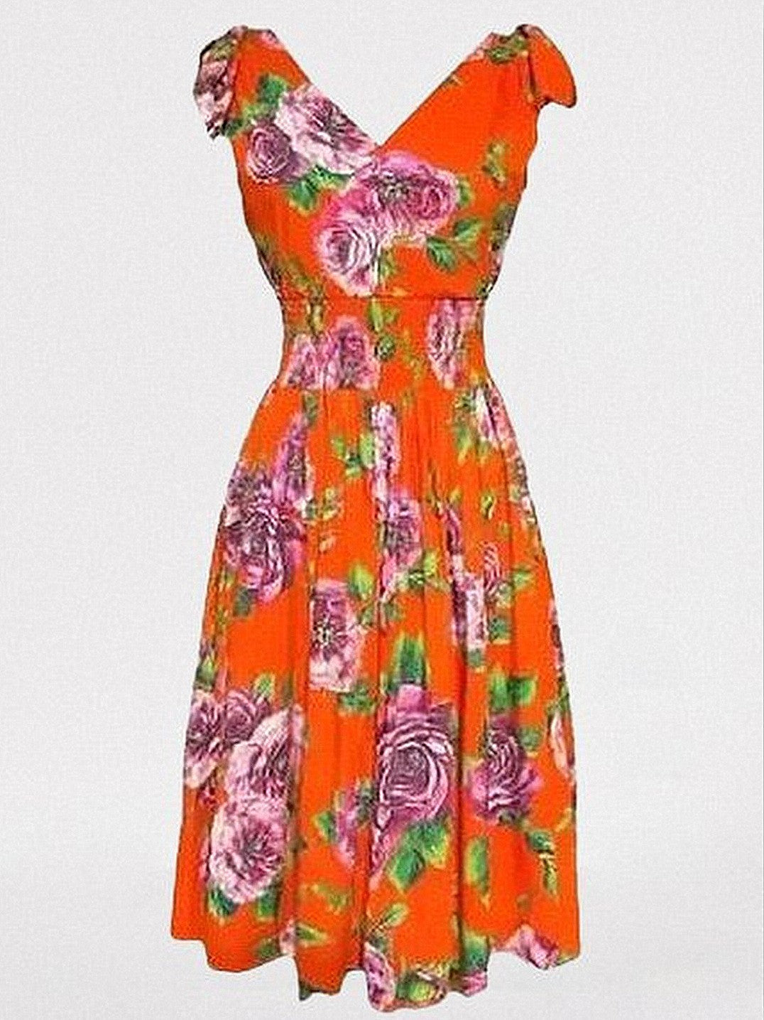 Rose Print V-Neck Smocked-Waist Dress - Dresses