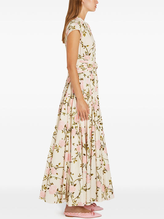 Rose Printed Cotton Poplin Pleated Dress featuring a vibrant floral print maxi design