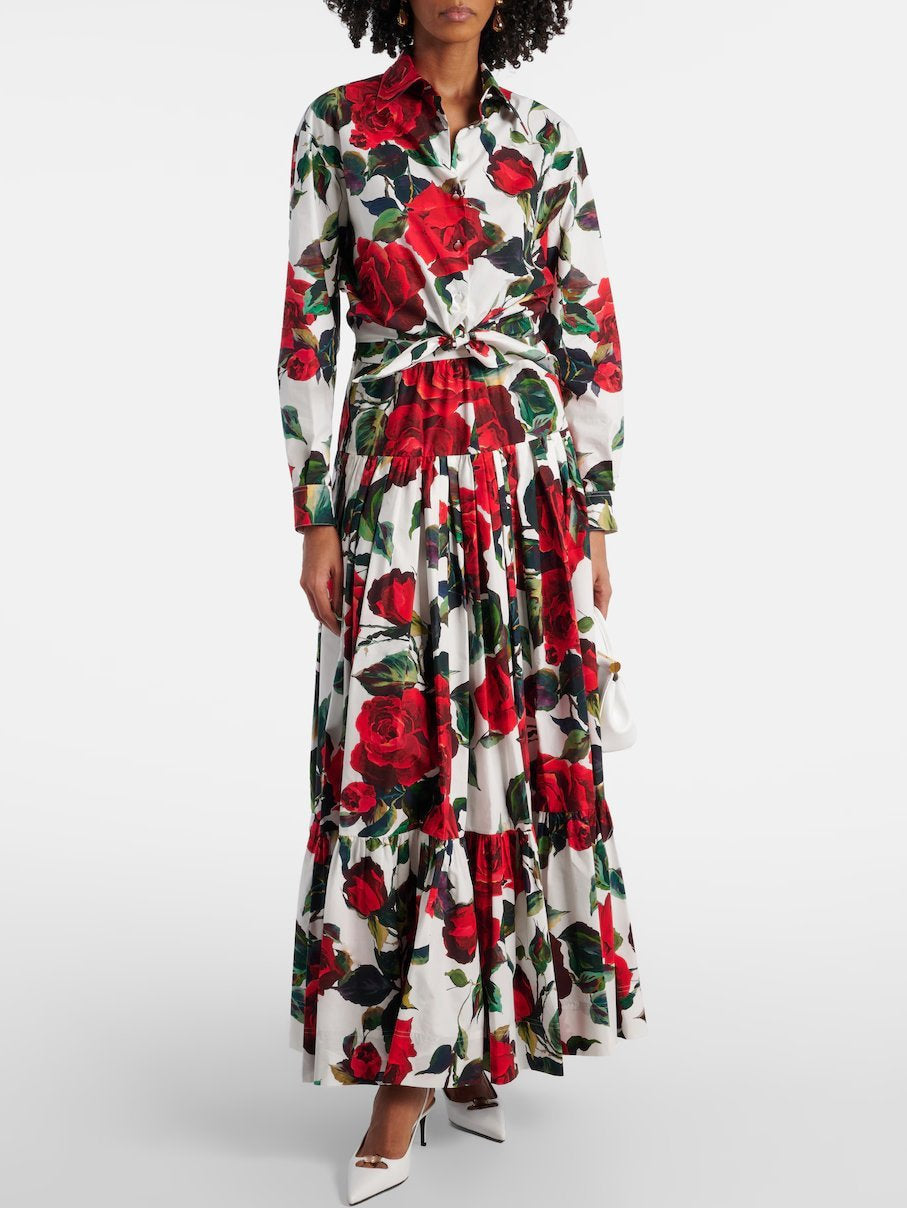 Rose Printed Cotton Tie-Waist Shirt and Skirt Set - Suits & Sets