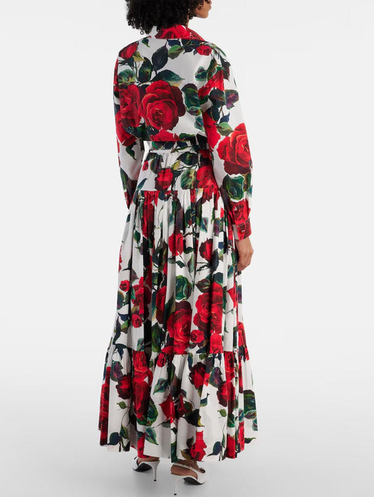 Rose Printed Cotton Tie-Waist Shirt and Skirt Set - Suits & Sets