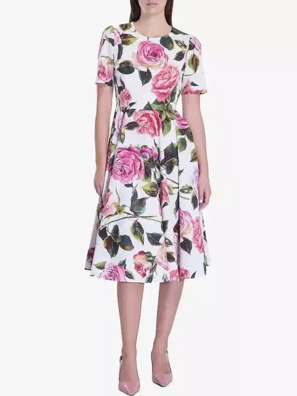 Rose-Printed Fit and Flare Midi Dress