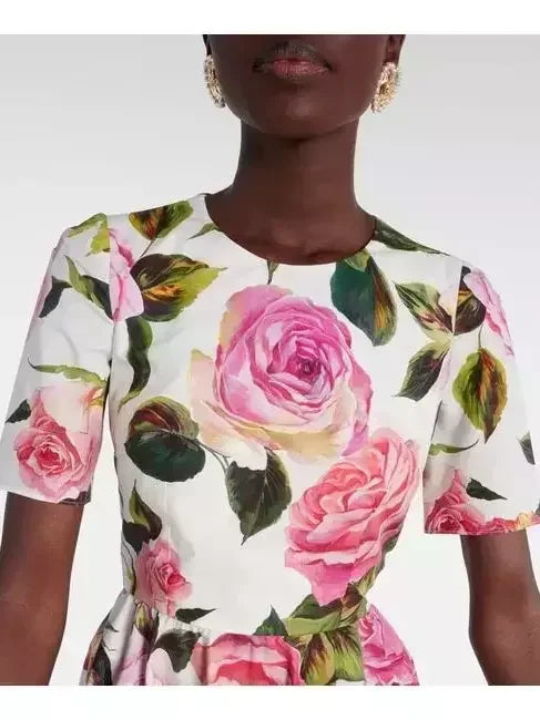 Rose-Printed Fit and Flare Midi Dress