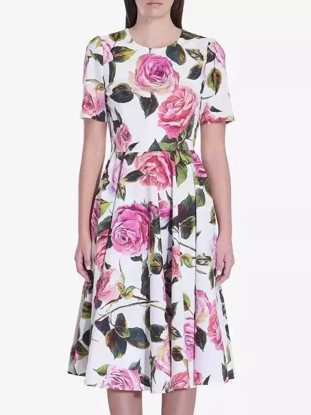 Rose-Printed Fit and Flare Midi Dress