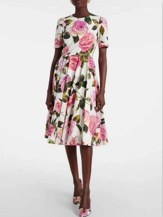 Rose-Printed Fit and Flare Midi Dress - M