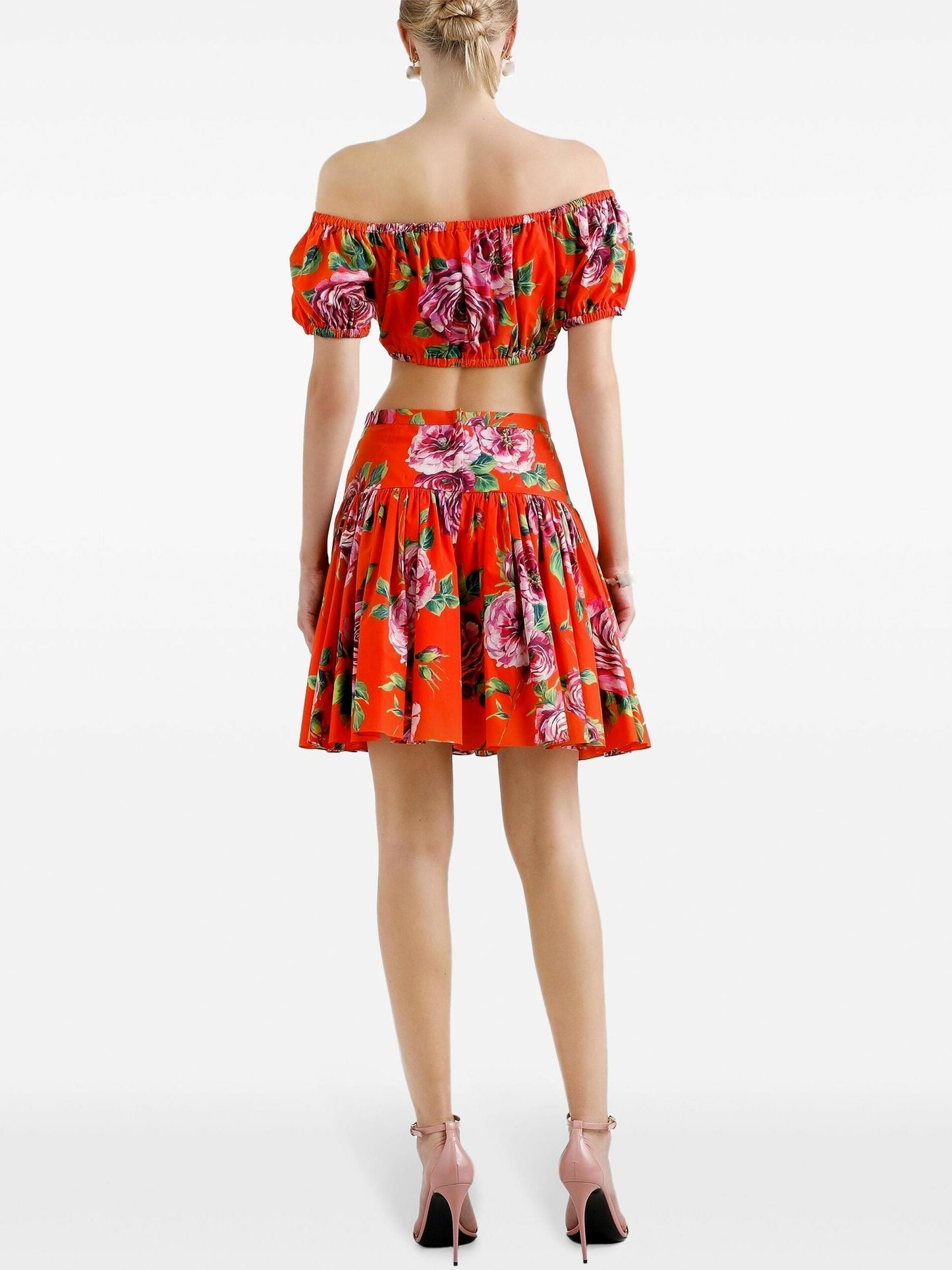 Roses-Print Off Shoulder Top and Skirt Set from Branna Couture in Red for high-end fashion