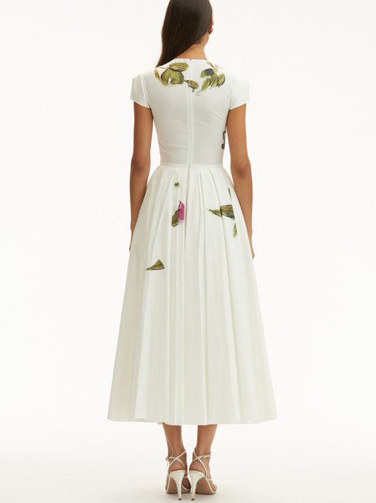 Floral white midi dress featuring a beautiful roses printed design on a white background