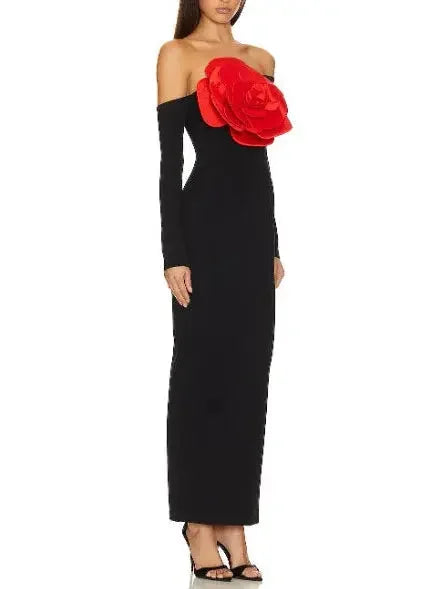 Rosette-Applique Off-Shoulder Dress - Dresses