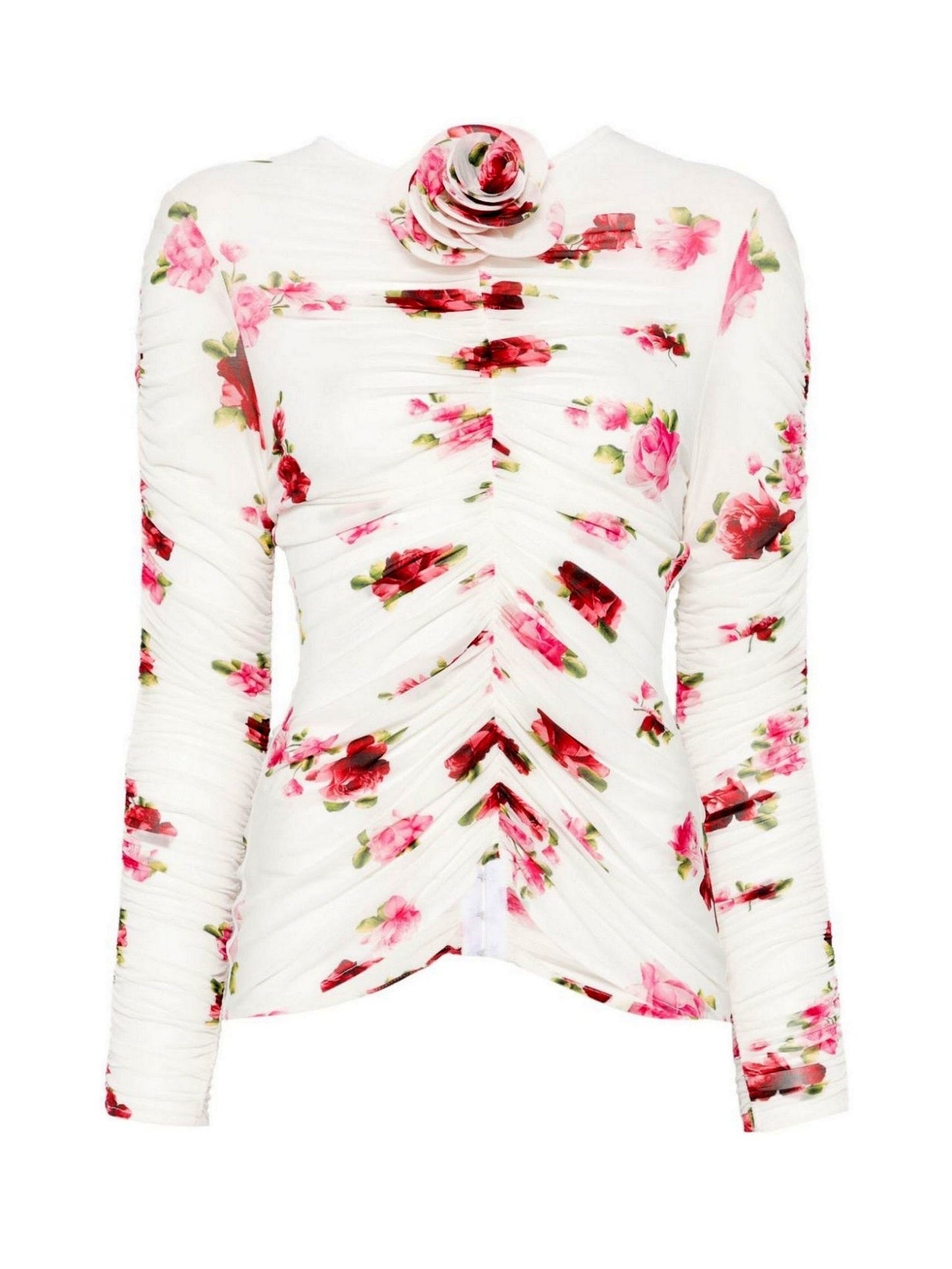 Floral print stretch top with ruched design and rose applique for stylish comfort