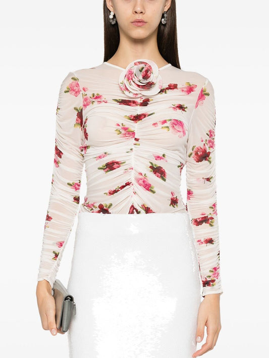 Ruched Floral Print Stretch Top featuring elegant Rose Applique and long sleeves