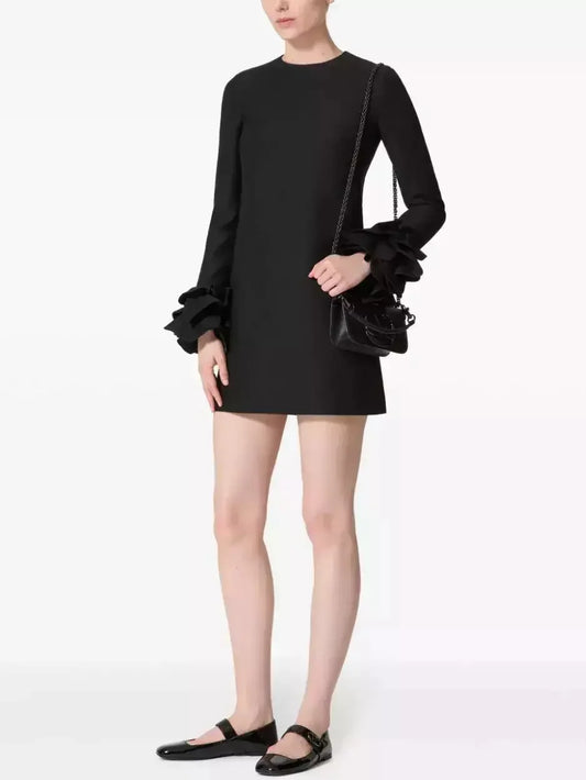 Ruffle-Cuff Shift Mini Dress in Black - Dresses