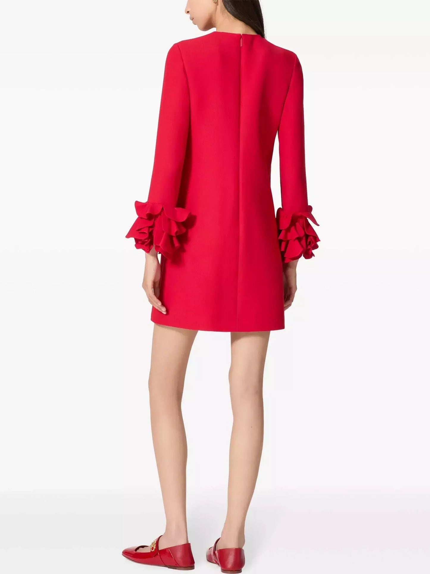 Ruffle-Cuff Shift Mini Dress in Red - Dresses