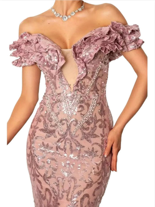 Ruffle Off-Shoulder Pink Sequin Maxi Dress - Dresses