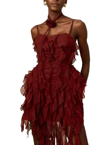 Ruffle-Paneled Mini Dress with Fringe Detail - Dresses