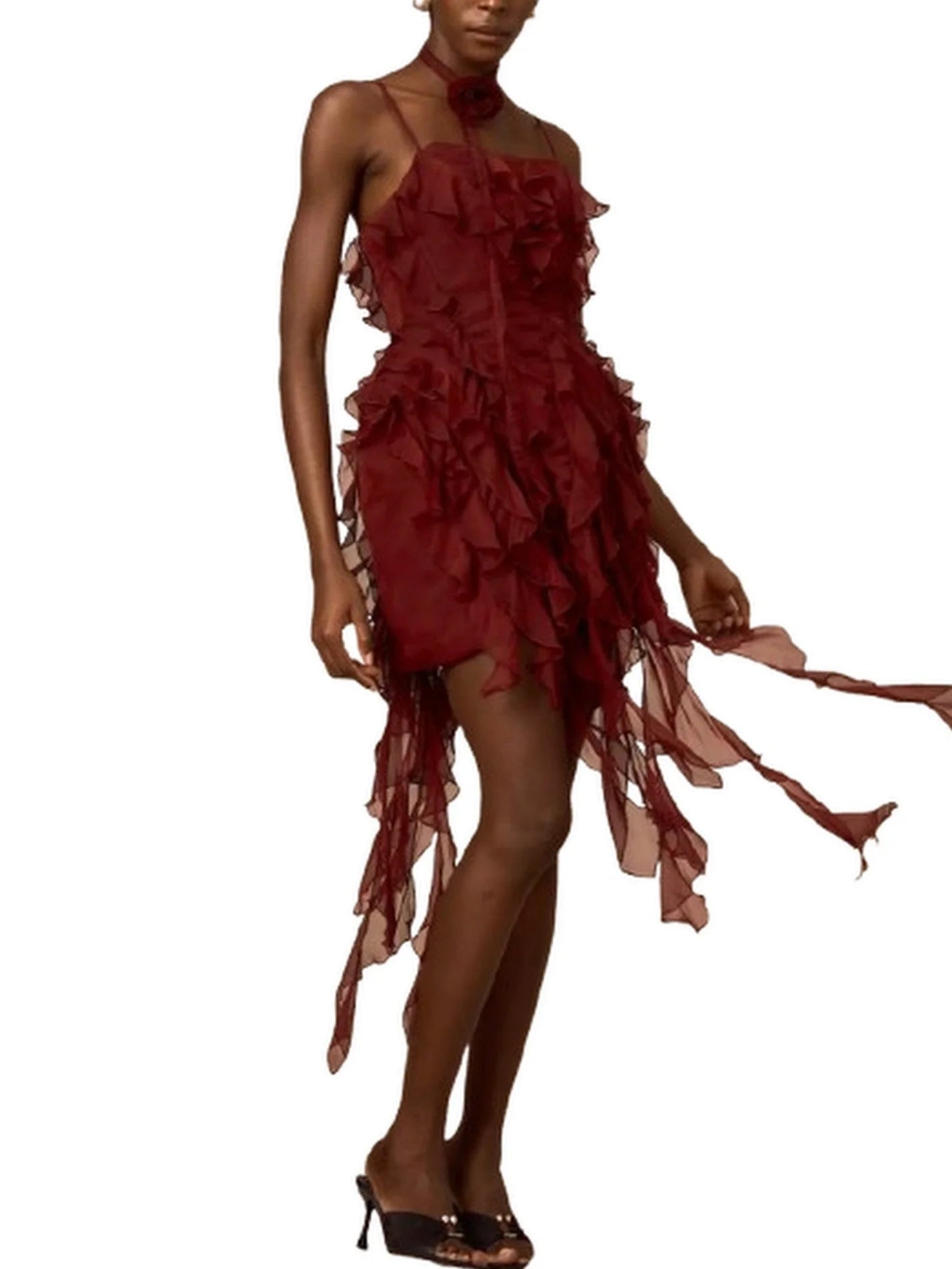 Ruffle-Paneled Mini Dress with Fringe Detail - Dresses