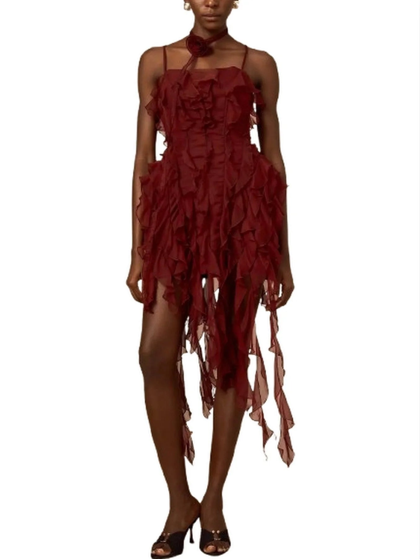 Ruffle-Paneled Mini Dress with Fringe Detail - Dresses