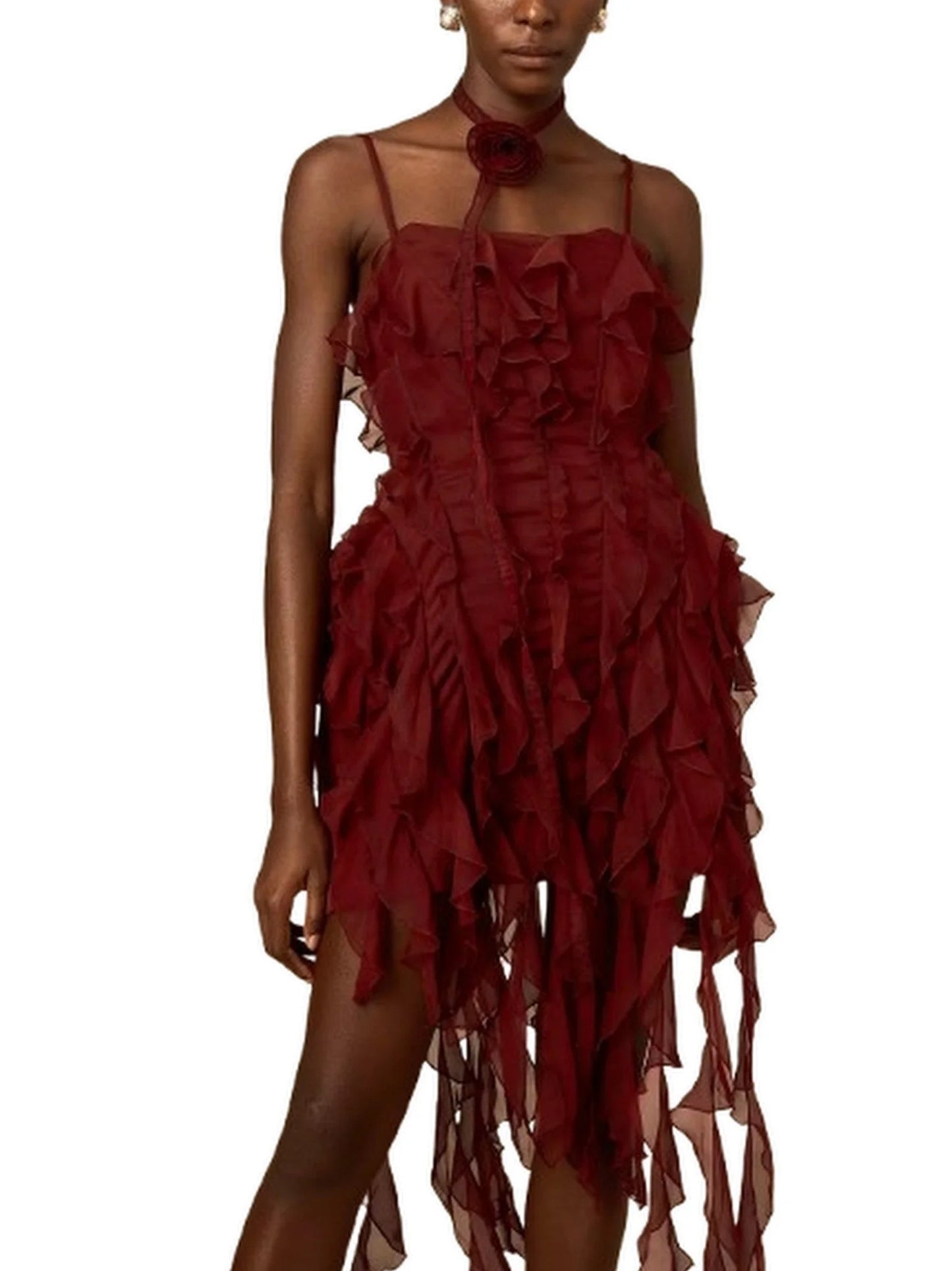 Ruffle-Paneled Mini Dress with Fringe Detail - Dresses