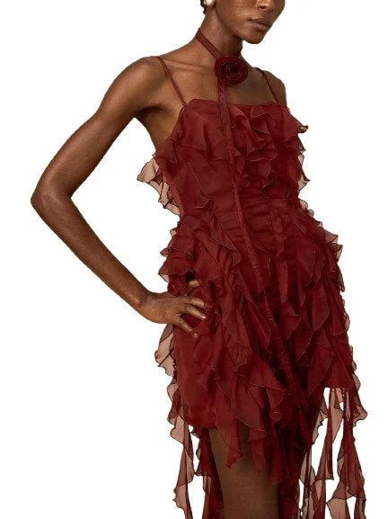 Ruffle-Paneled Mini Dress with Fringe Detail - Dresses