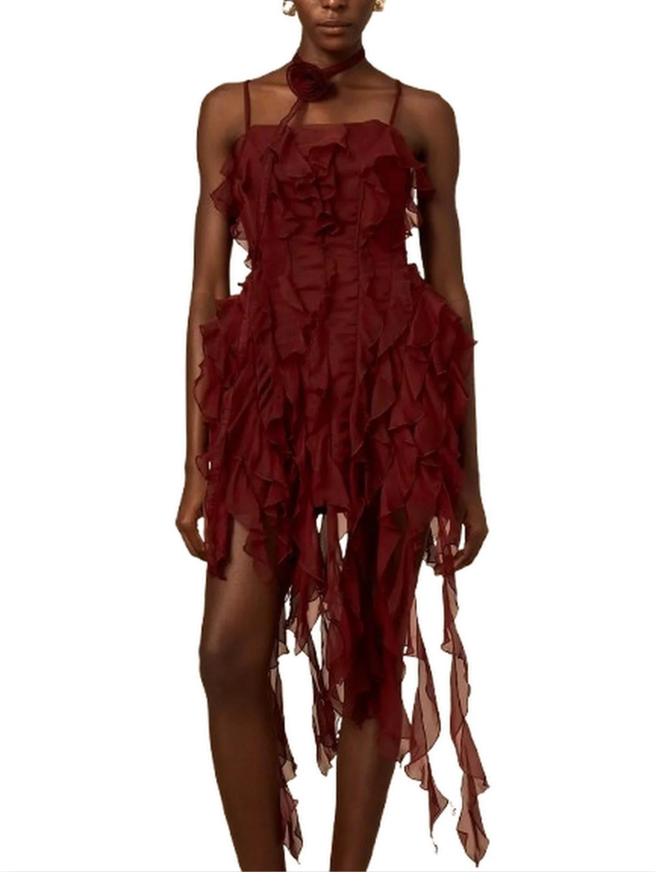 Ruffle-Paneled Mini Dress with Fringe Detail - Dresses