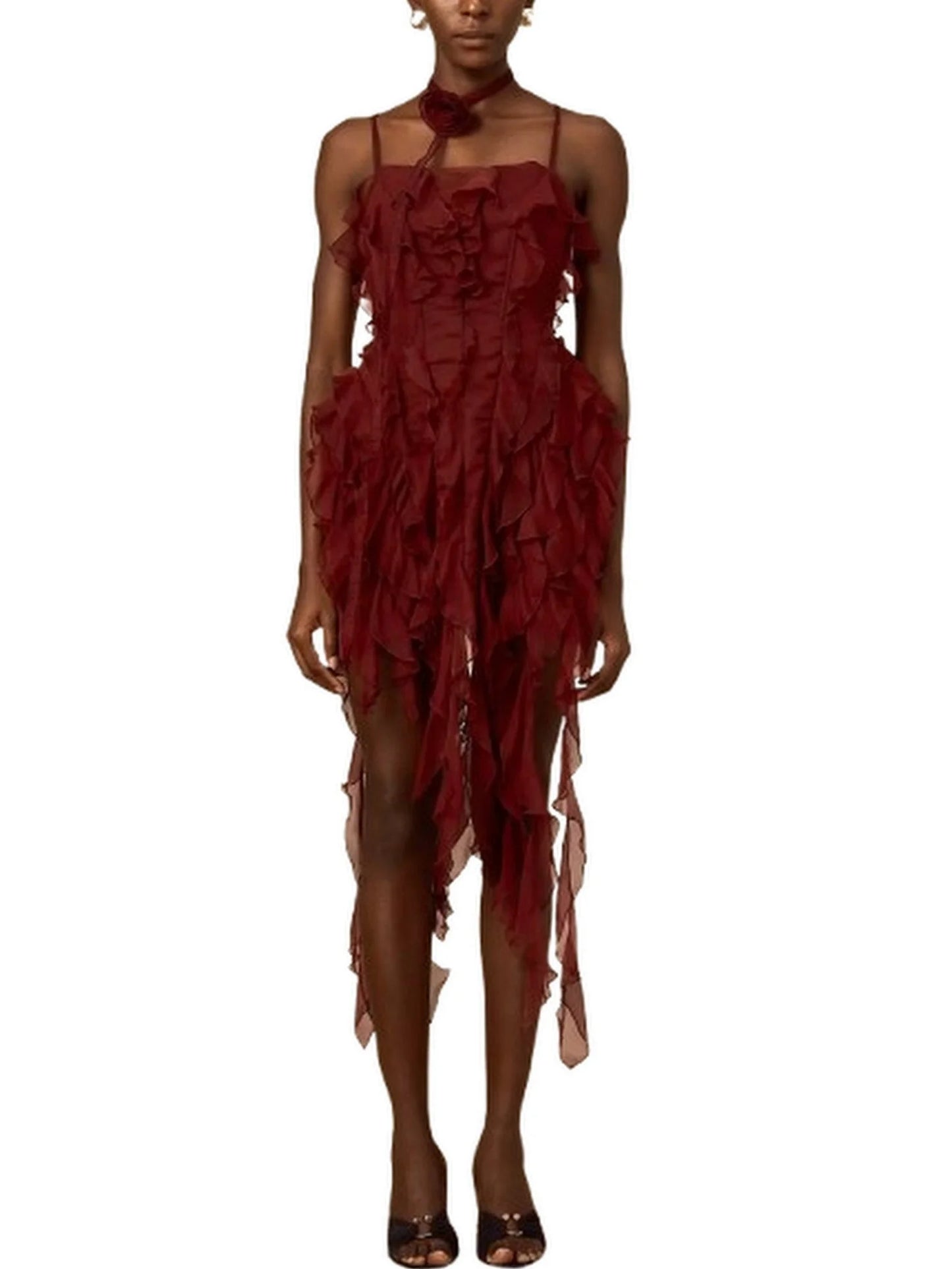 Ruffle-Paneled Mini Dress with Fringe Detail - Small - Dresses