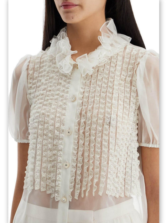 White sheer blouse with ruffled collar in Ruffle Silk Organza Short Sleeve Blouse