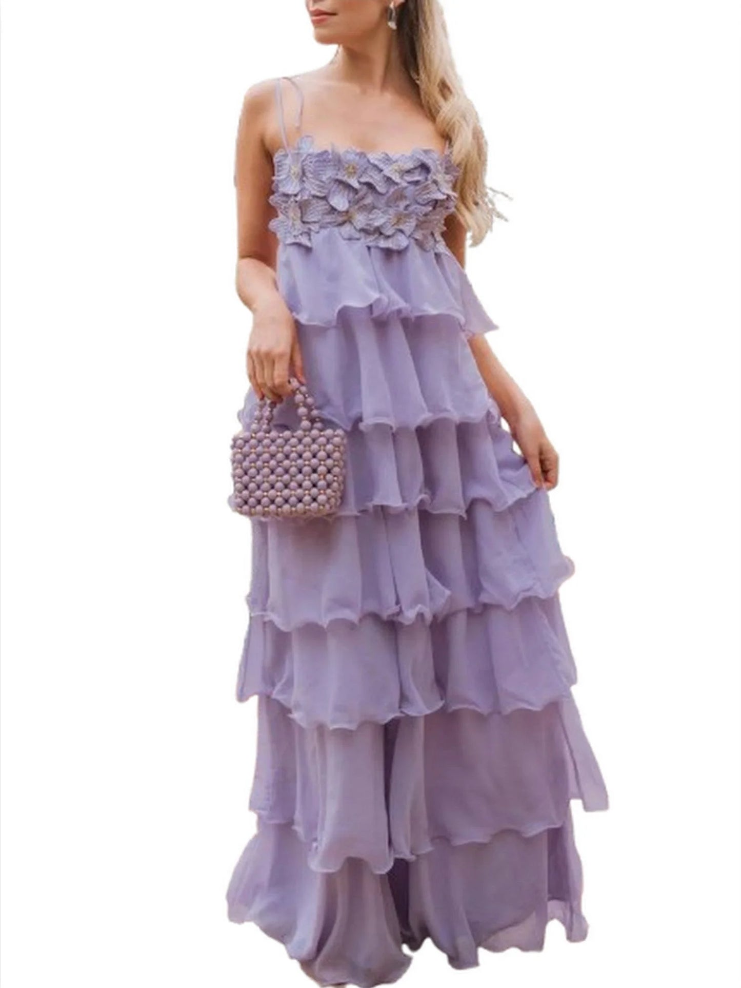 Ruffle Tiered Floral-Applique Strapless Purple Gown - Dresses