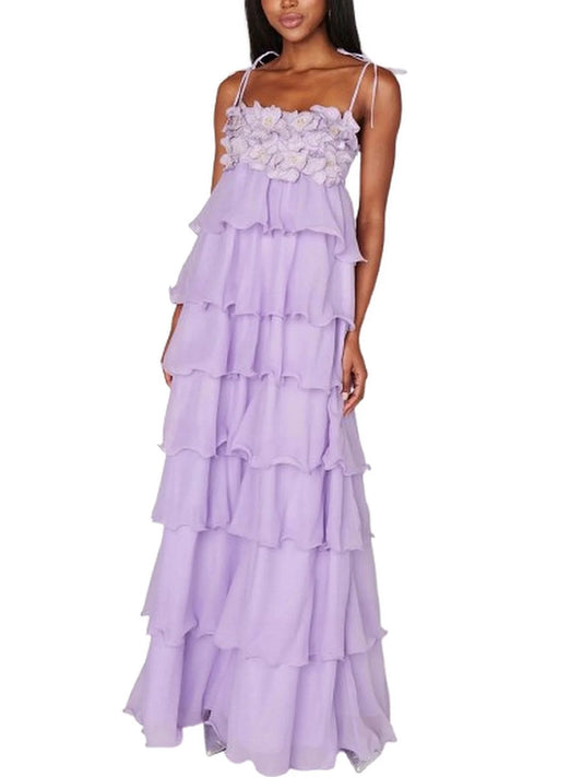 Ruffle Tiered Floral-Applique Strapless Purple Gown - M - Dresses
