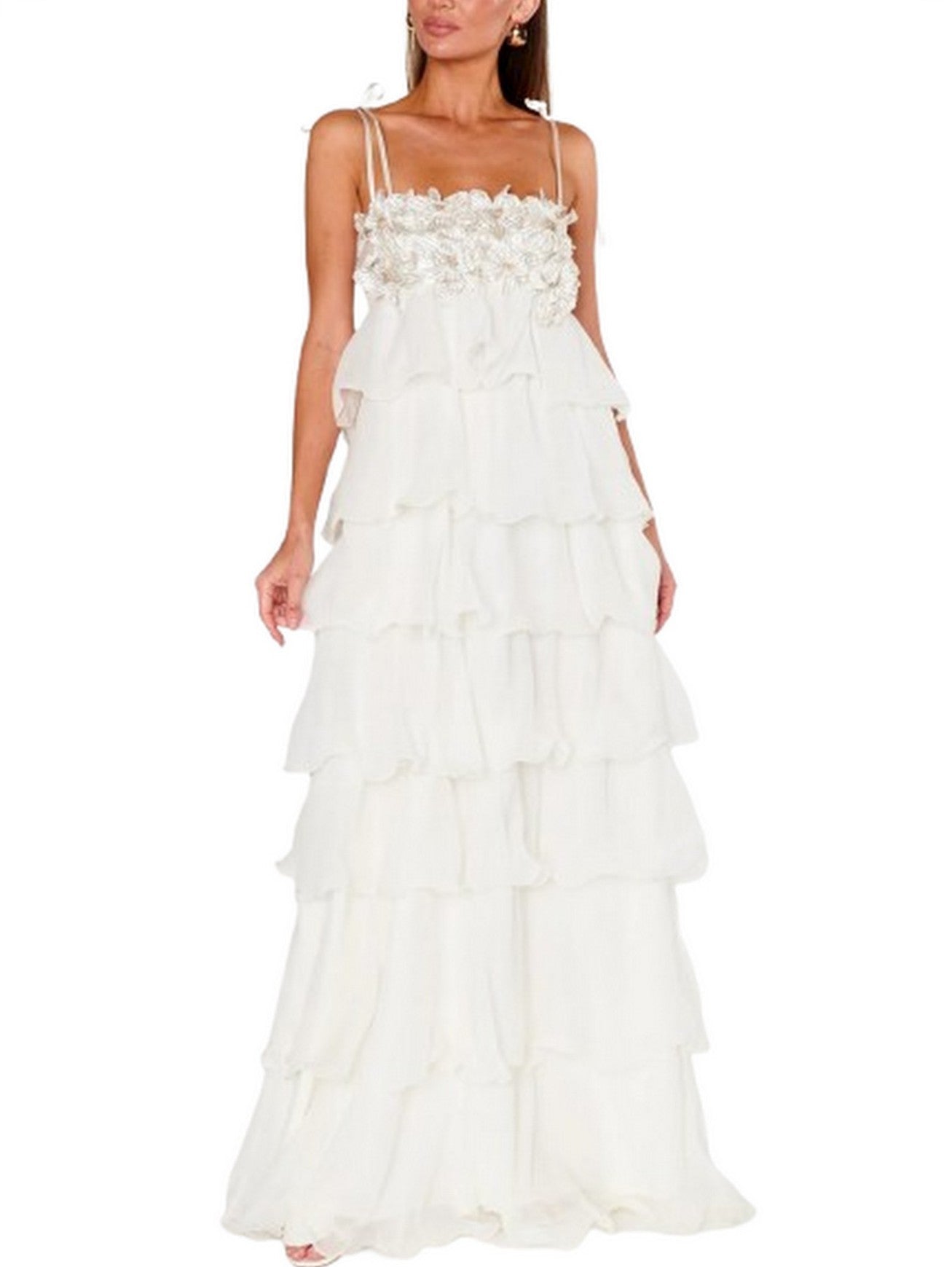 Ruffle Tiered Floral-Applique Strapless White Gown - Dresses