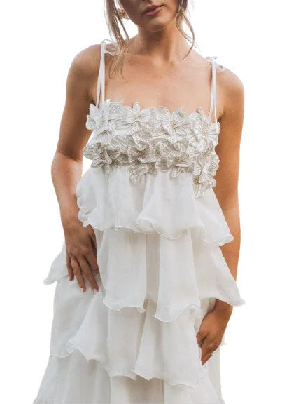 Ruffle Tiered Floral-Applique Strapless White Gown - Dresses