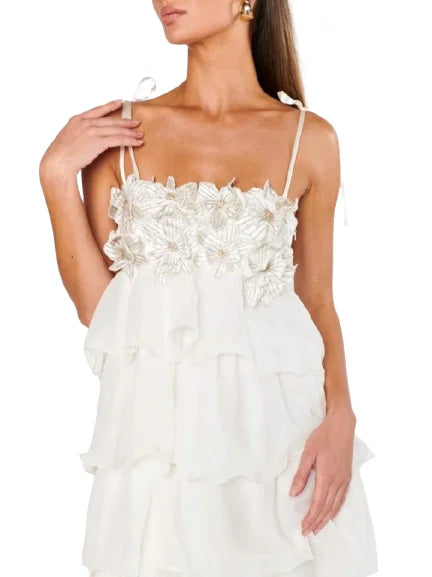 Ruffle Tiered Floral-Applique Strapless White Gown - Dresses