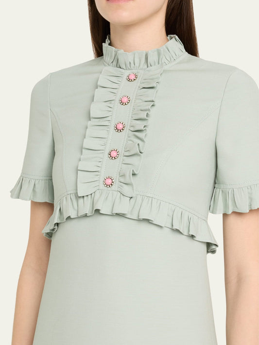 Ruffle-Trim Silk and Wool Mint Green Mini Dress - Dresses