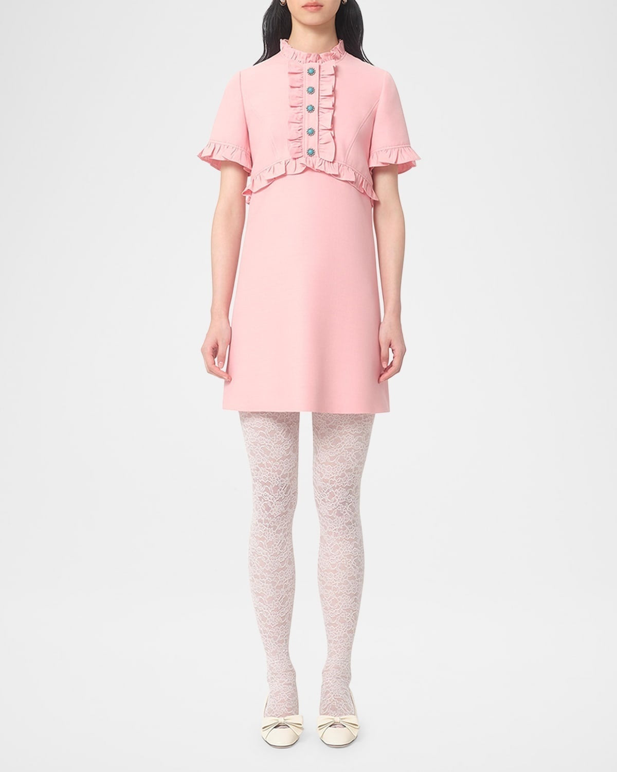 Ruffle-Trim Silk and Wool Pink Mini Dress - Dresses