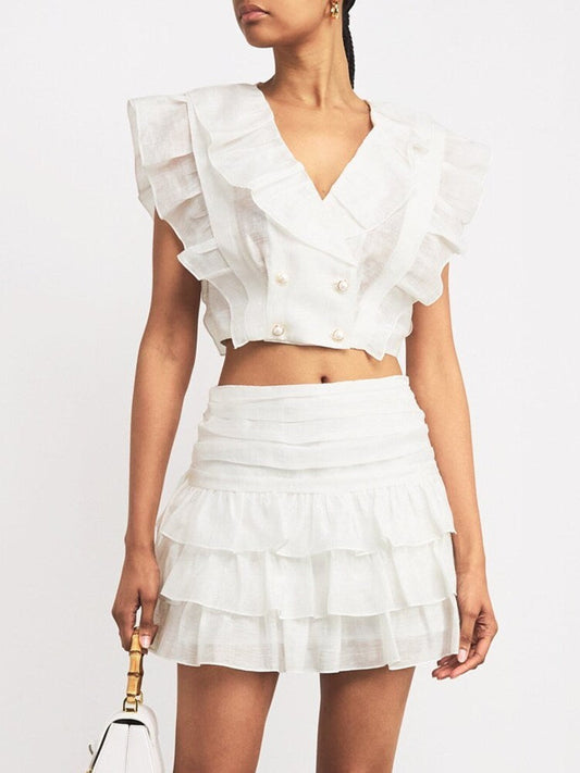 Ruffled Cropped Top and Tiered Mini Skirt Set - Suits & Sets