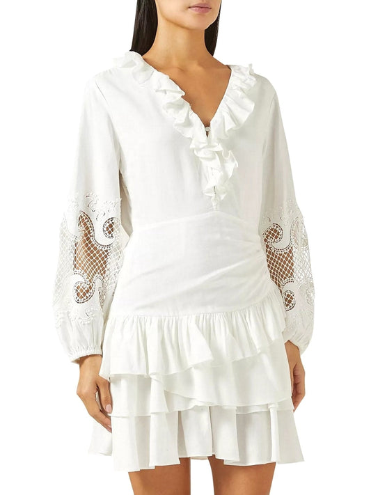 Ruffled Embroidered White Mini Dress - Dresses