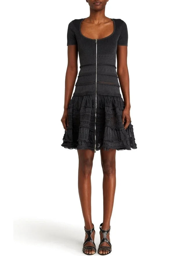 Ruffled Knit Zip-Front Mini Dress in Black - Dresses