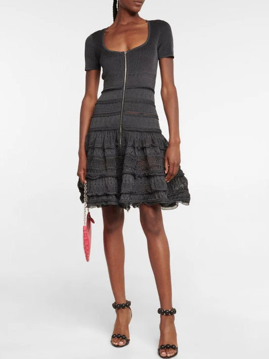 Ruffled Knit Zip-Front Mini Dress in Black - Dresses