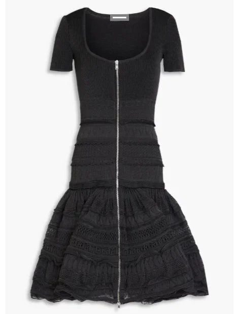 Ruffled Knit Zip-Front Mini Dress in Black - Dresses