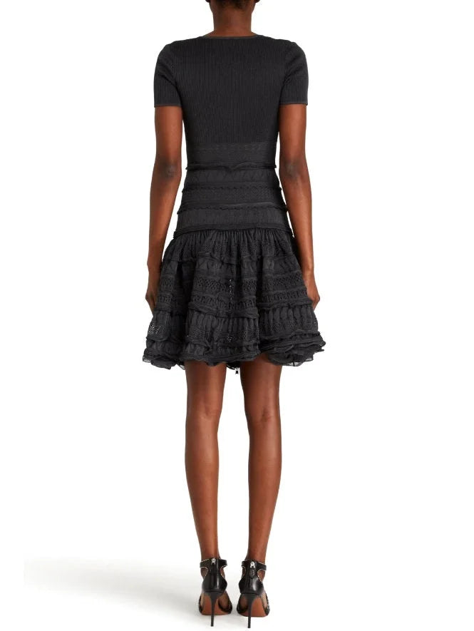 Ruffled Knit Zip-Front Mini Dress in Black - Dresses