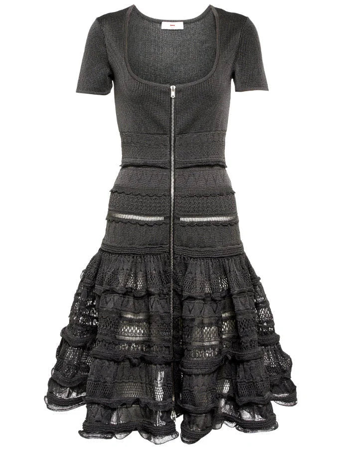Ruffled Knit Zip-Front Mini Dress in Black - Dresses