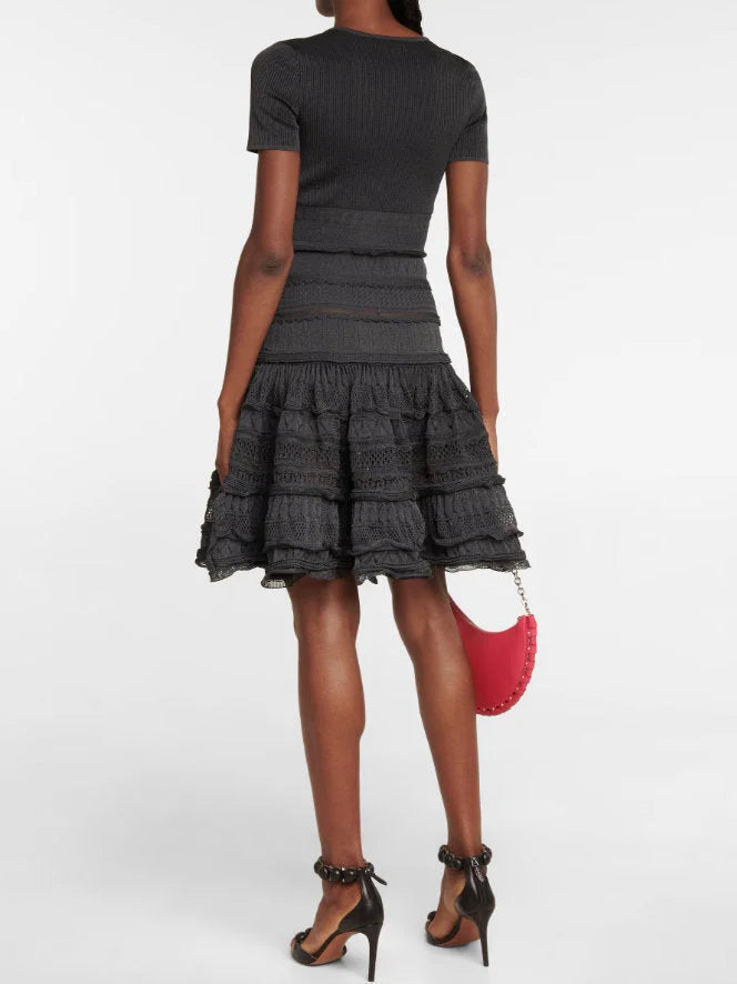 Ruffled Knit Zip-Front Mini Dress in Black - Dresses