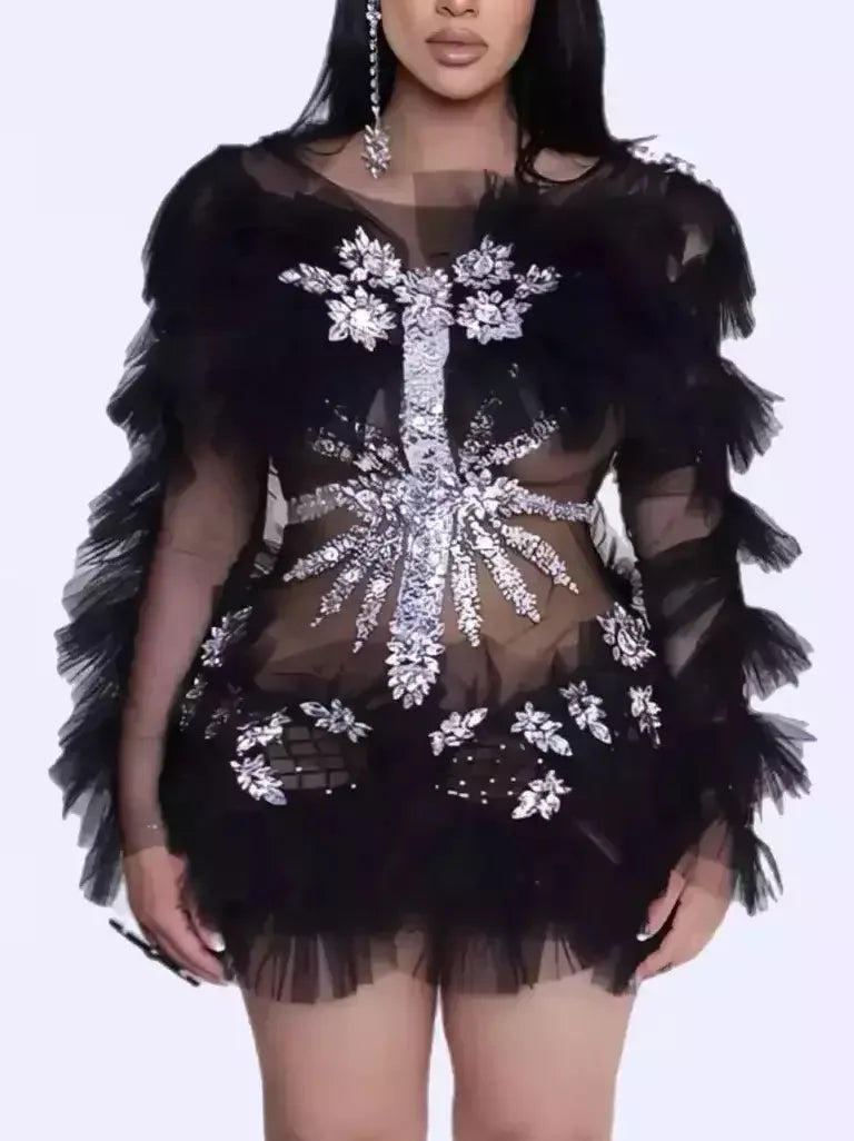 Ruffled Mesh Mini Dress with Appliques in Black - Dresses