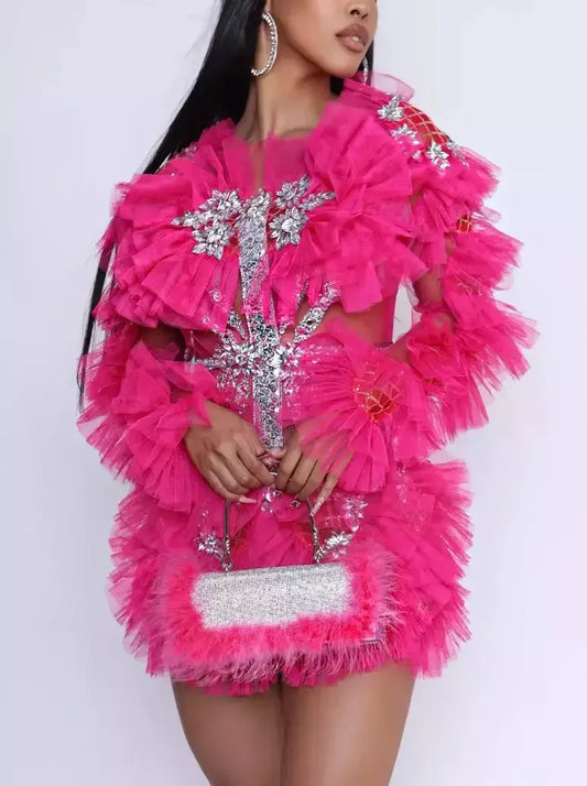 Ruffled Mesh Mini Dress with Appliques in Hot Pink - Dresses