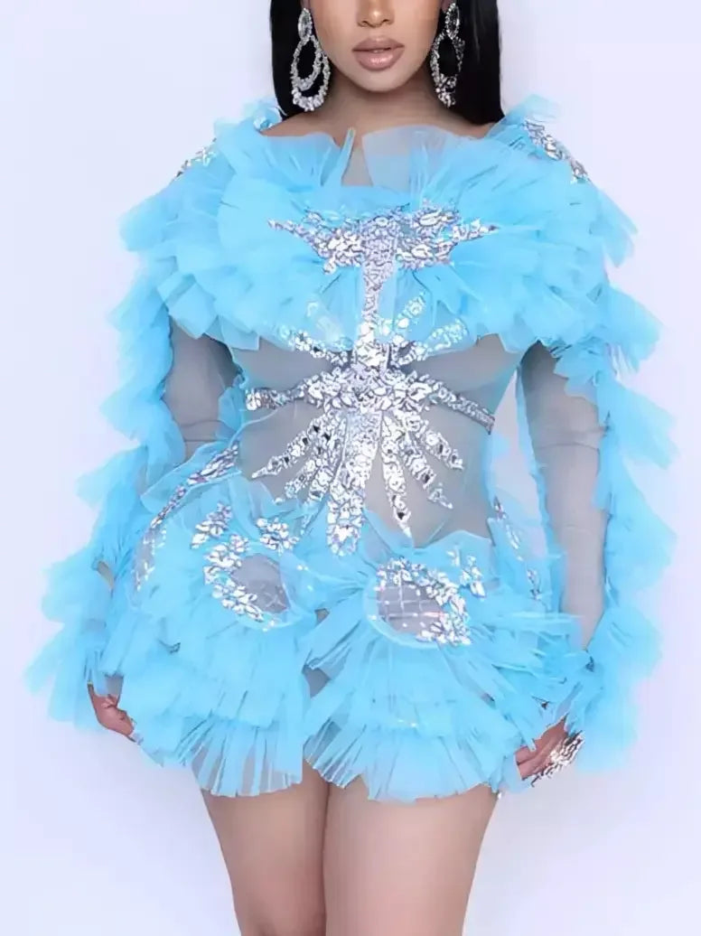 Ruffled Mesh Mini Dress with Appliques in Light Blue - Dresses