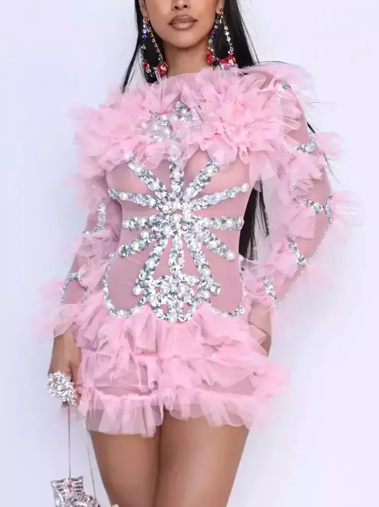 Ruffled Mesh Mini Dress with Appliques in Pink - Dresses