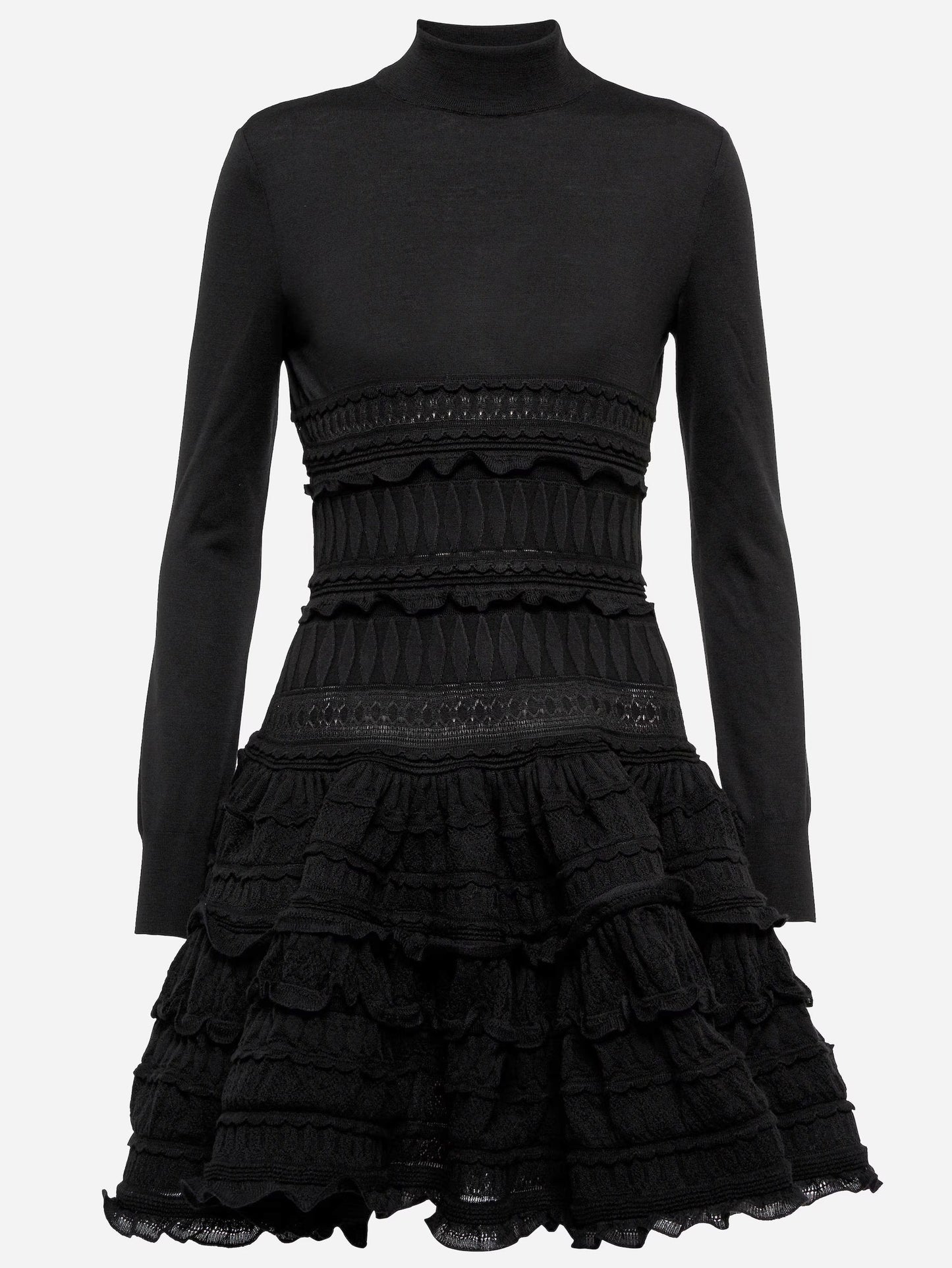Black long-sleeved ruffled paneled knit mini dress for stylish outfits