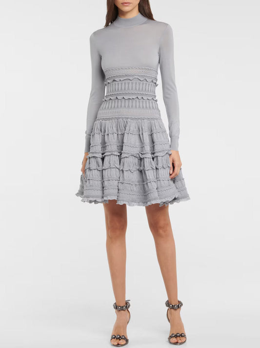 Gray long-sleeved ruffled paneled knit mini dress perfect for casual or chic occasions