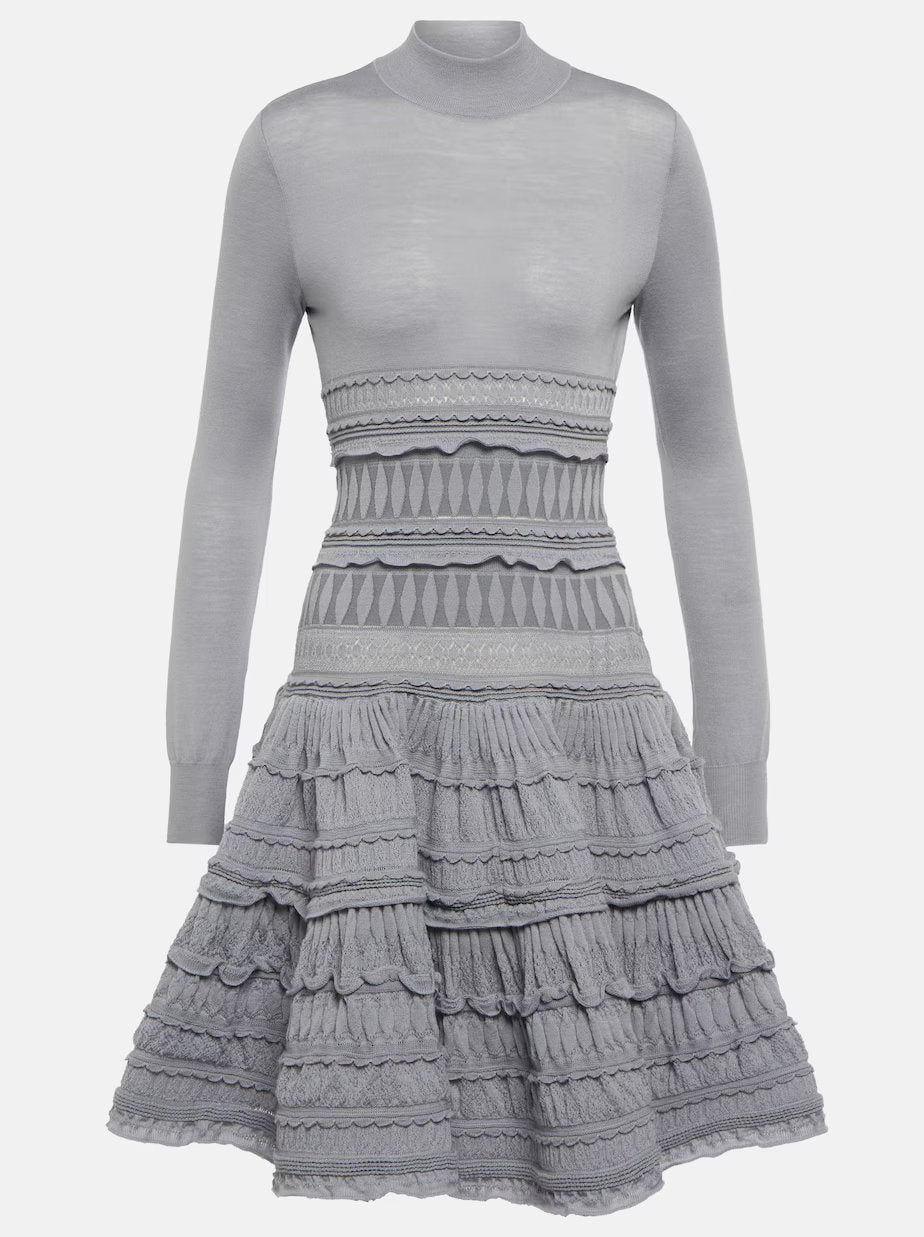 Gray long-sleeved ruffled paneled knit mini dress showcasing elegant style and comfort