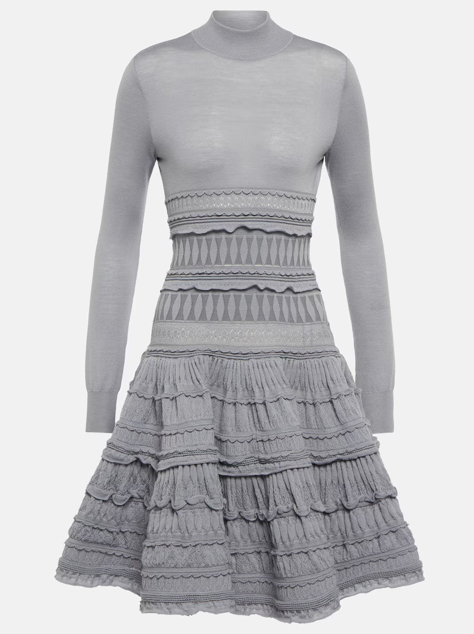 Gray long-sleeved ruffled paneled knit mini dress showcasing elegant style and comfort
