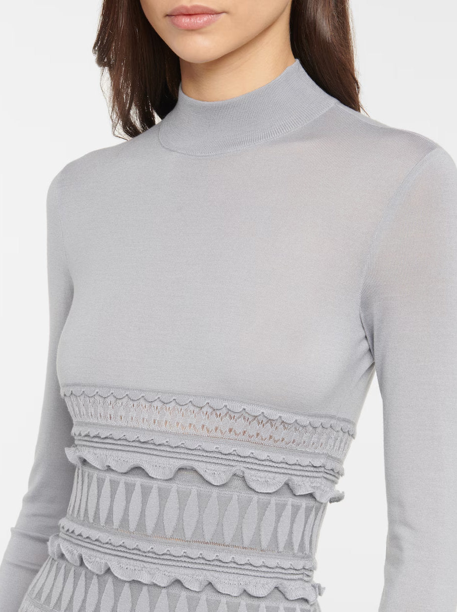 Gray long-sleeved ruffled paneled knit mini dress showcasing stylish ruffle details