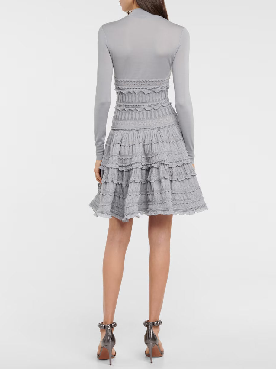 Gray long-sleeved ruffled paneled knit mini dress for stylish casual wear
